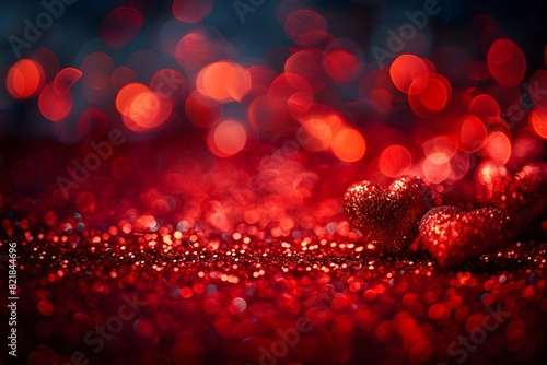 Valentine's Day Romance: Glittering Heart Decorations with Red Bokeh Background for Card or Poster Design