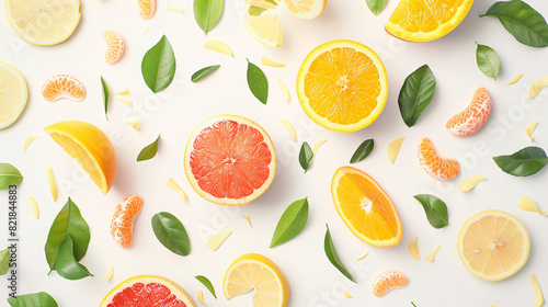 Different fresh citrus fruits and leaves falling on white