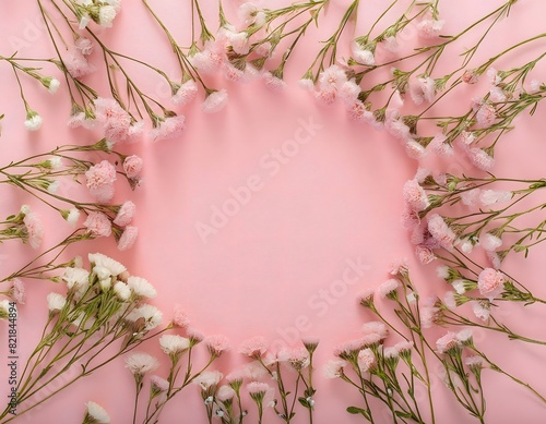 Zenith view of a pink surface with small flowers arranged in a circle. Central space for product display. Mockup. photo