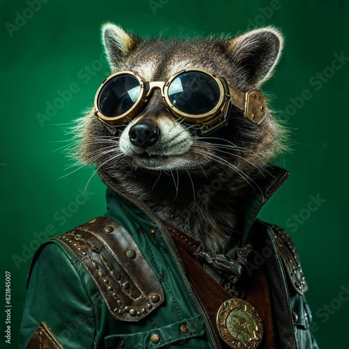 Photo of Realistic Raccoon Wearing Steampunk Costume. Abstract concept. A raccoon stand and posing like a human. Studio composition.