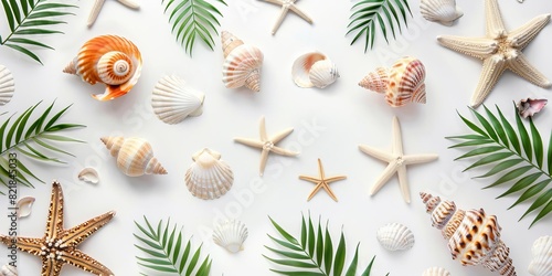 Assortment of seashells and starfish arranged with green palm leaves on a white background, evoking a tropical beach vibe. photo