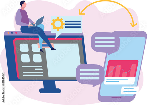 The boy is working on the laptop.