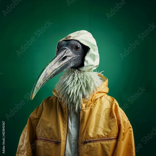 Photo of Realistic Ibis Wearing Yellow Rain Jacket. Abstract concept. A bird stand and posing like a human. Studio composition..