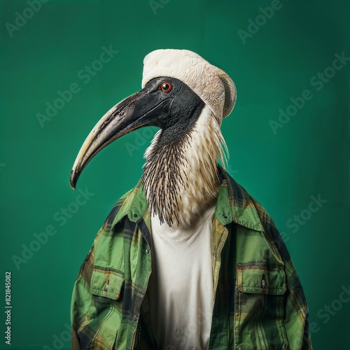 Photo of Realistic Ibis Wearing Green Shirt. Abstract concept. A bird stand and posing like a human. Studio composition..