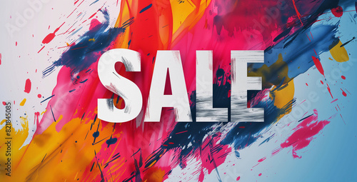 Sale concept banner design. Dynamic font against a background of bright colorful strokes. Advertising promotion horizontal layout. Digital artwork raster bitmap. AI artwork. photo