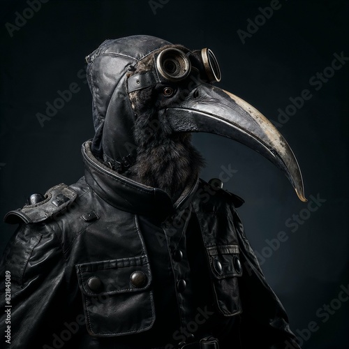Photo of Realistic Ibis Wearing Black Leather Jacket. Abstract concept. A bird stand and posing like a human. Studio composition..