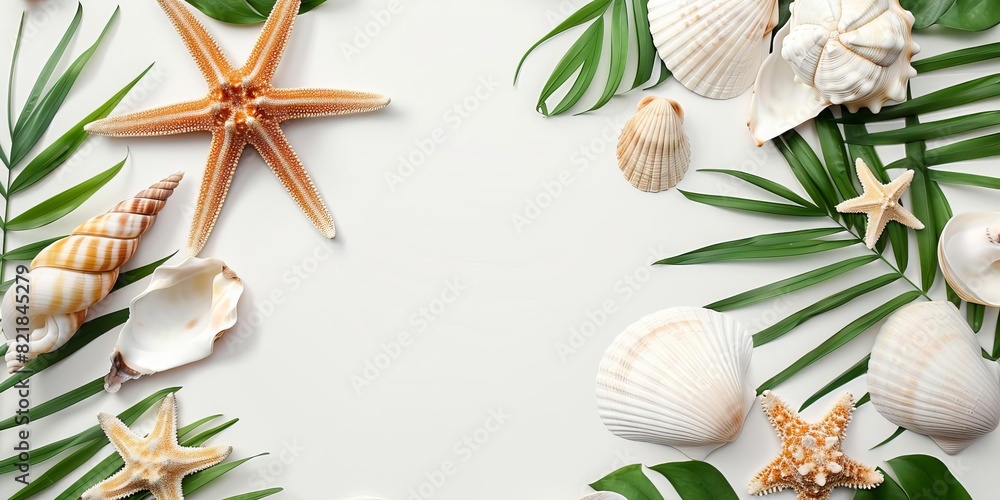 Seashells and starfish arranged with tropical leaves on a white background, creating a beach-inspired natural frame for summer or coastal themes. Seashells and starfish arranged with tropical leaves on a white background, creating a beach-inspired natural frame for summer or coastal themes.