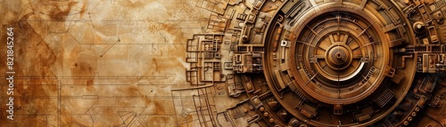 Ancient artifact with digital enhancements, steampunk, sepia, illustration, merging old and new technologies photo