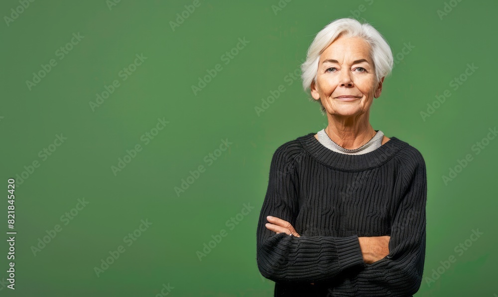 Elderly smiling smart confident happy caucasian woman 60s hold hand crossed folded look camera isolated on plain green background Elderly smiling smart confident happy caucasian woman 60s hold hand crossed folded look camera isolated on plain green background