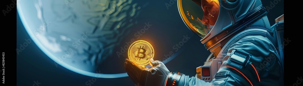 Fototapeta premium Astronaut holding a bitcoin in his hand with the earth in the background.