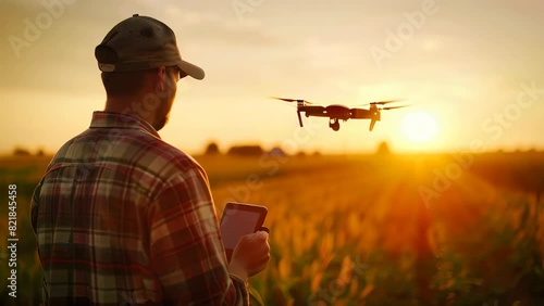 A farmer using a drone to monitor crops photo