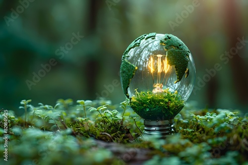 Eco-Friendly Energy Concept: Illuminated Earth Globe Light Bulb in a Green Forest