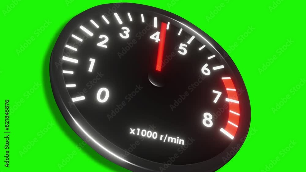 Close up of RPM speedometer going up shaking neon glowing tachometer high speed, green screen ready to chroma key. Close up of RPM speedometer going up shaking neon glowing tachometer high speed, green screen ready to chroma key.