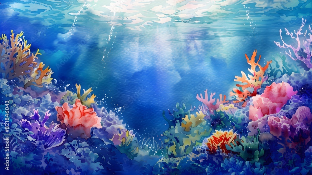 Fototapeta premium Colorful Corals Underwater Sunlight Summer Theme in Watercolor Background 