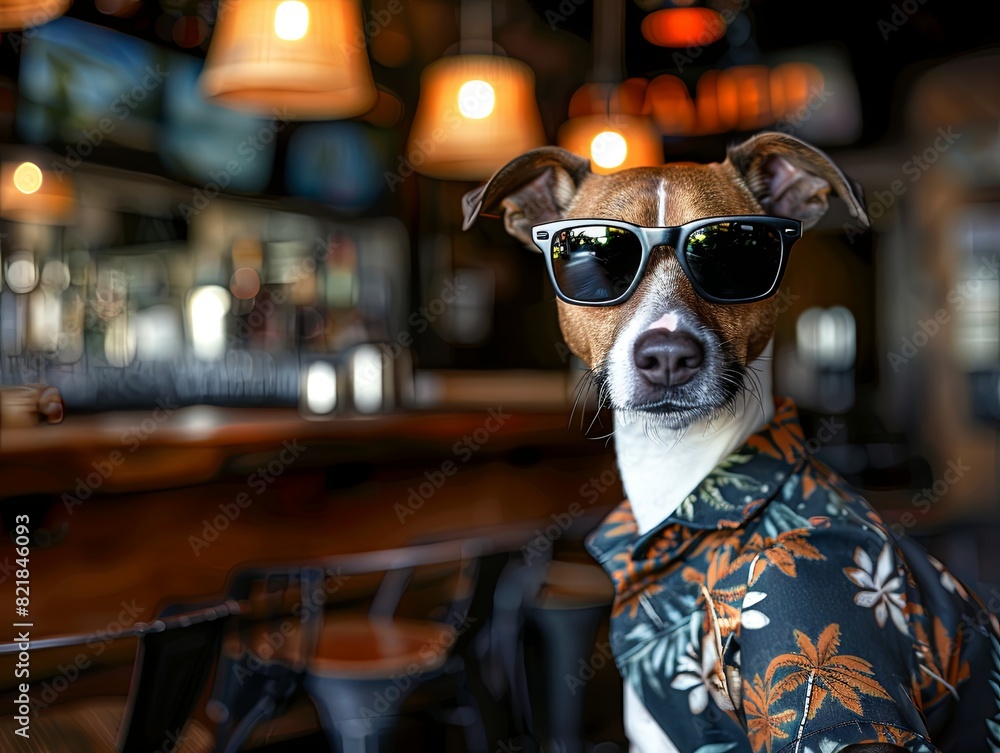 Stylish dog wearing sunglasses and Hawaiian shirt at a cafe Stylish dog wearing sunglasses and Hawaiian shirt at a cafe