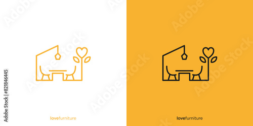 Simple Love Furniture Logo Design. Terrace or Home Park and Tree Leaf Love with Line Art, Outline Style Logo, Design, Vector Illustration.