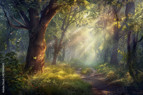 Step into a world of whimsy and imagination in this fairytale forest  where sunlight dances through the trees  casting enchanting shadows on the forest floor 