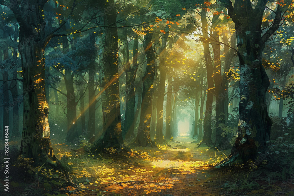 Step into a world of whimsy and imagination in this fairytale forest, where sunlight dances through the trees, casting enchanting shadows on the forest floor 