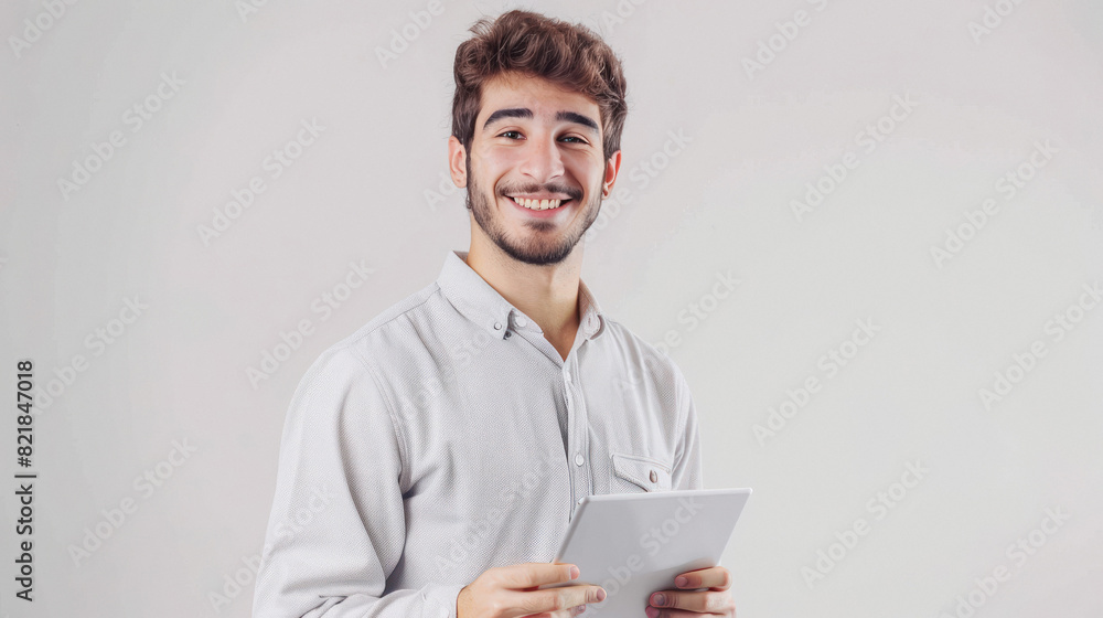 young man smiling and holding tablet young man smiling and holding tablet