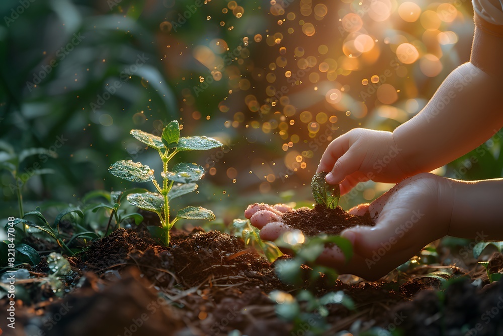 Fototapeta premium Nurturing a Seedling in the Garden at Sunrise - Concept of Growth and Nature
