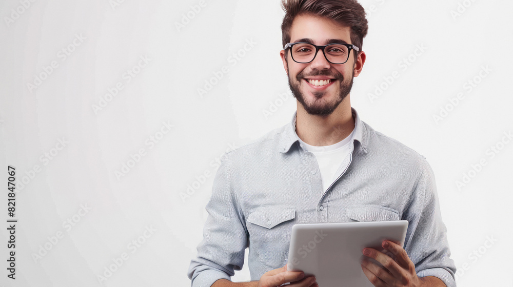 young man smiling and holding tablet young man smiling and holding tablet