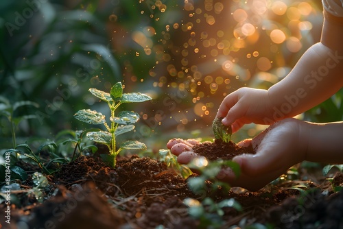 Nurturing a Seedling in the Garden at Sunrise - Concept of Growth and Nature