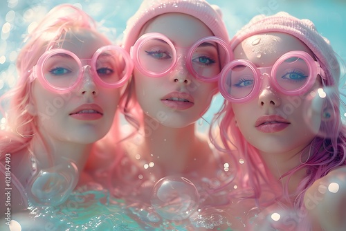 Fashion Trend - Trio of Women with Pink Hair and Retro Sunglasses Enjoying the Pool