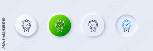 Certificate line icon. Neumorphic, Green gradient, 3d pin buttons. Verified award sign. Accepted or confirmed symbol. Line icons. Neumorphic buttons with outline signs. Vector