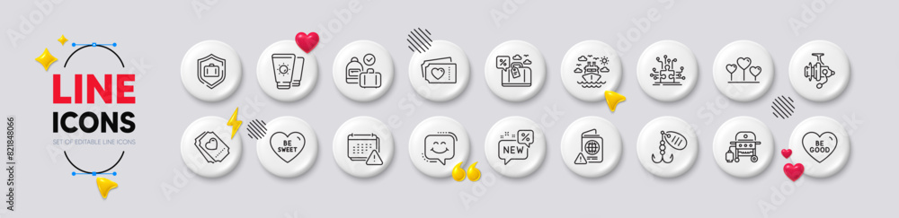 Puzzle options, Be good and Love tickets line icons. White buttons 3d icons. Pack of Fishing lure, Smile chat, Carry-on baggage icon. Love heart, Ship travel, Notification pictogram. Vector Puzzle options, Be good and Love tickets line icons. White buttons 3d icons. Pack of Fishing lure, Smile chat, Carry-on baggage icon. Love heart, Ship travel, Notification pictogram. Vector