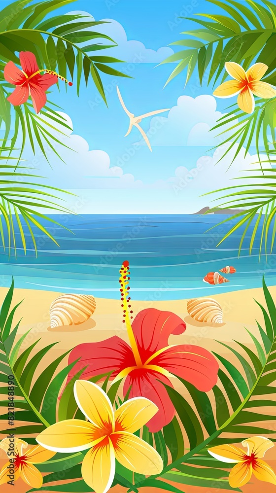 Obraz premium Tropical beach paradise with vibrant flowers and palm leaves