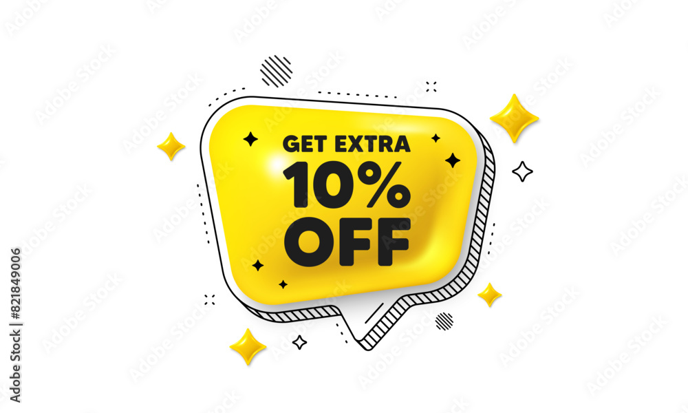 Get Extra 10 percent off sale. Chat speech bubble 3d icon. Discount offer price sign. Special offer symbol. Save 10 percentages. Extra discount chat message. Speech bubble banner with stripes. Vector Get Extra 10 percent off sale. Chat speech bubble 3d icon. Discount offer price sign. Special offer symbol. Save 10 percentages. Extra discount chat message. Speech bubble banner with stripes. Vector
