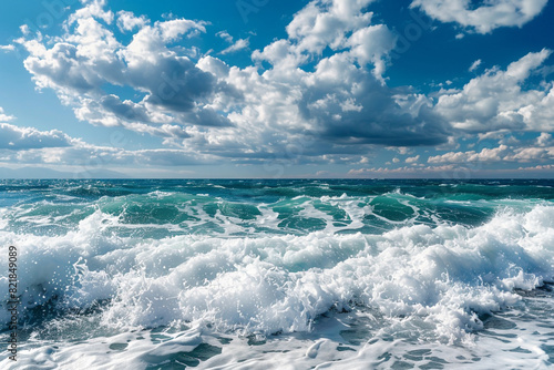 Fototapeta Naklejka Na Ścianę i Meble -  Storm sea ocean Powerful nature foamy sea waves rolling and splashing over water surface against cloudy blue sky background Beautiful nature landscape 