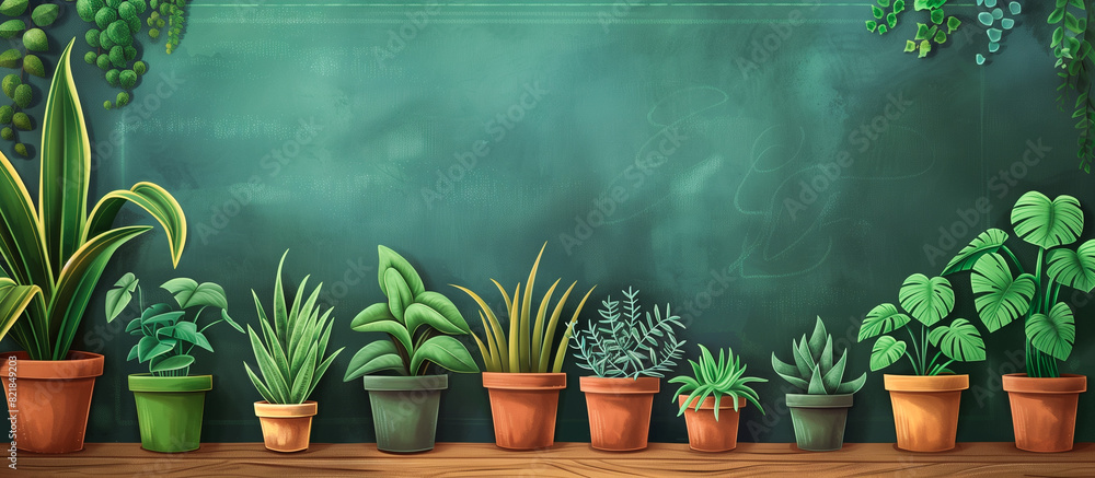 various pot plant with blackboard backround