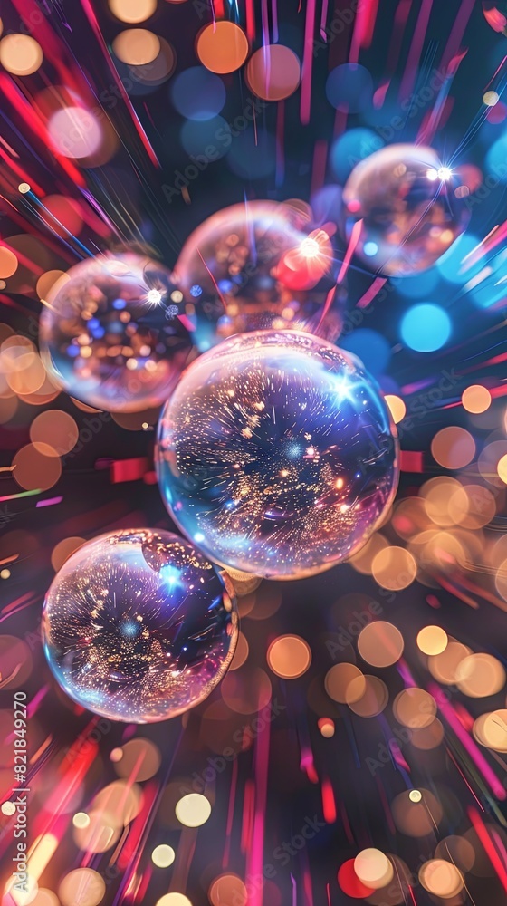 Vivid abstract fireworks display with sparkling lights and spheres Vivid abstract fireworks display with sparkling lights and spheres