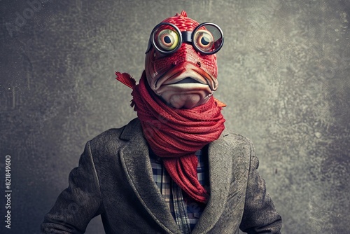 Eccentric fish-headed character in stylish attire with glasses photo