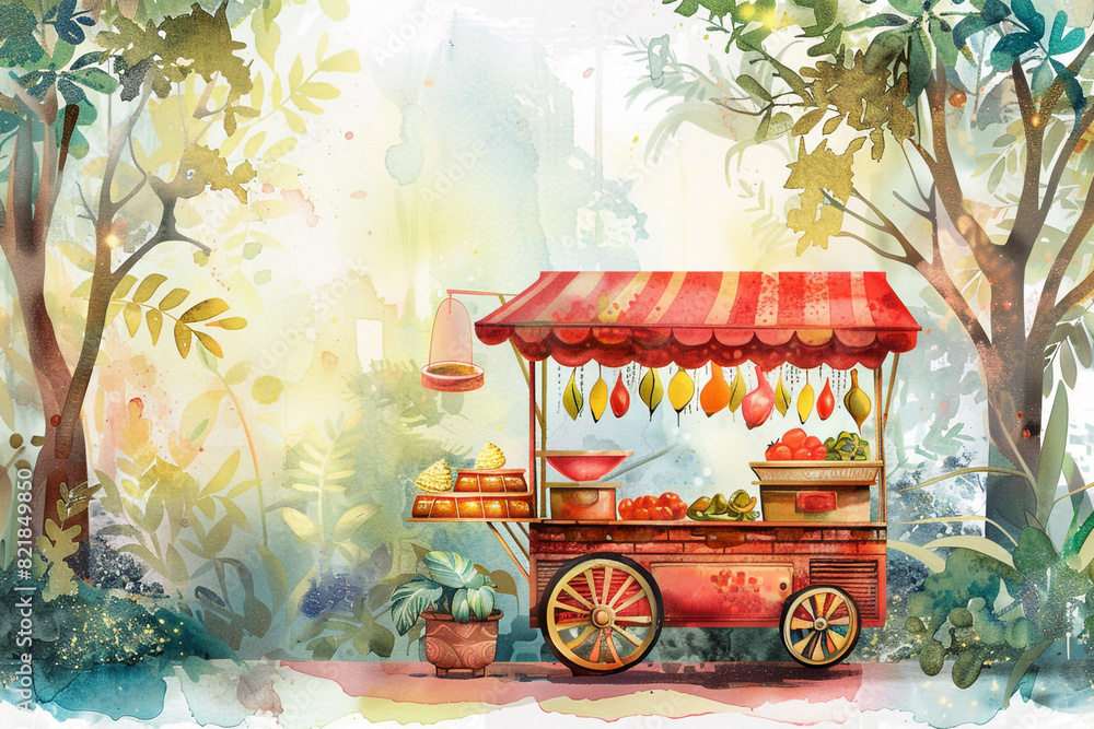 Obraz premium Street Food Cart Local cuisine and cultural experiences, handdrawn illustration, dreamy background 