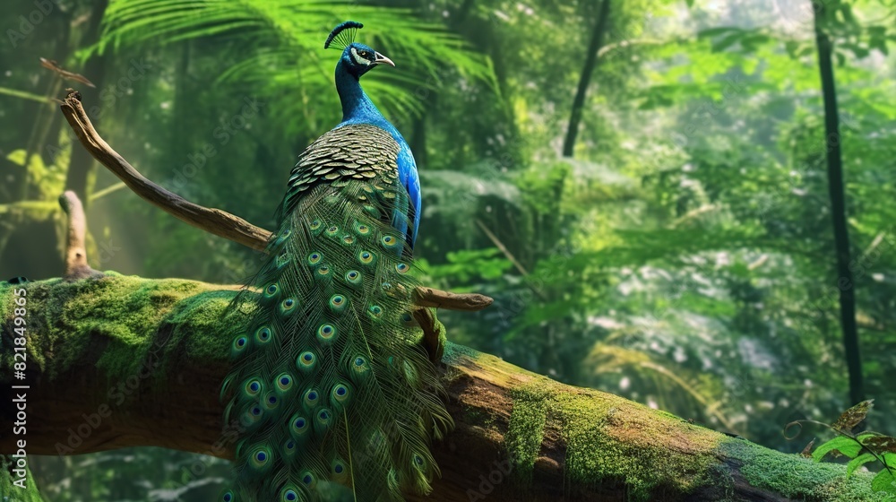 Obraz premium Peacock in natural habitat perched on tree