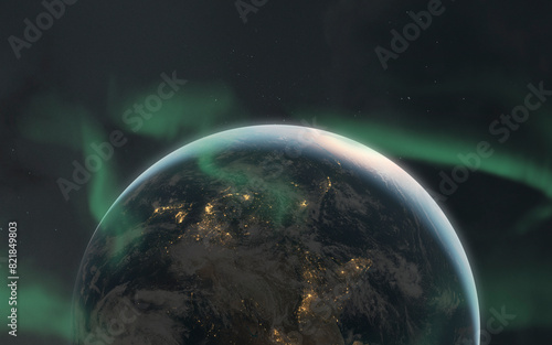 3D illustration of solar geomagnetic storm and northern lights. Aurora borealis art in 5K - realistic visualization (ID: 821849803)
