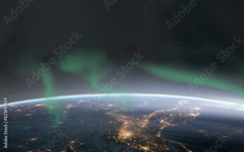 3D illustration of solar geomagnetic storm and northern lights. Aurora borealis art in 5K - realistic visualization (ID: 821849804)