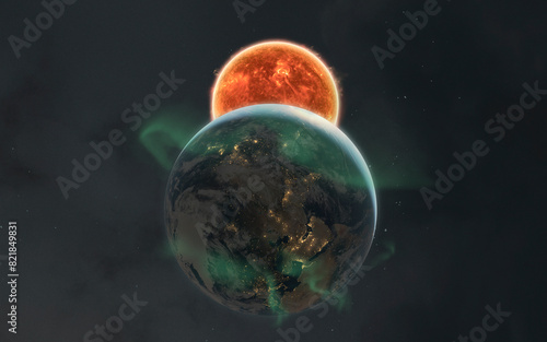 3D illustration of solar geomagnetic storm and northern lights. Aurora borealis art in 5K - realistic visualization (ID: 821849831)