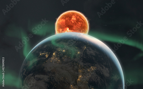 3D illustration of solar geomagnetic storm and northern lights. Aurora borealis art in 5K - realistic visualization (ID: 821849853)