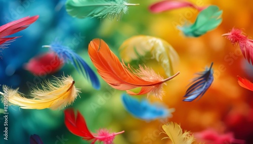 A mesmerizing scene of brightly colored feathers in mid-air  each displaying its unique hue in a close-up shot.