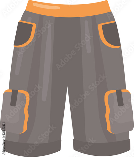 Vector illustration of stylish grey cargo shorts with orange accents, isolated on a white background