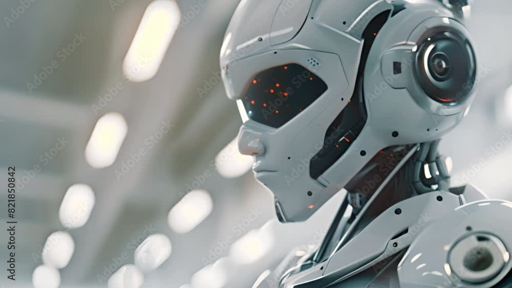 Close-up 3D rendering of droid AI research and cyborg development to design people's future digital data mining Close-up 3D rendering of droid AI research and cyborg development to design people's future digital data mining