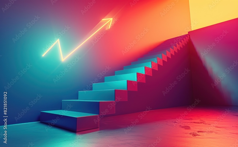 A staircase with neon lights in the background. The lights are in different colors, creating a vibrant and energetic atmosphere. A staircase with neon lights in the background. The lights are in different colors, creating a vibrant and energetic atmosphere.