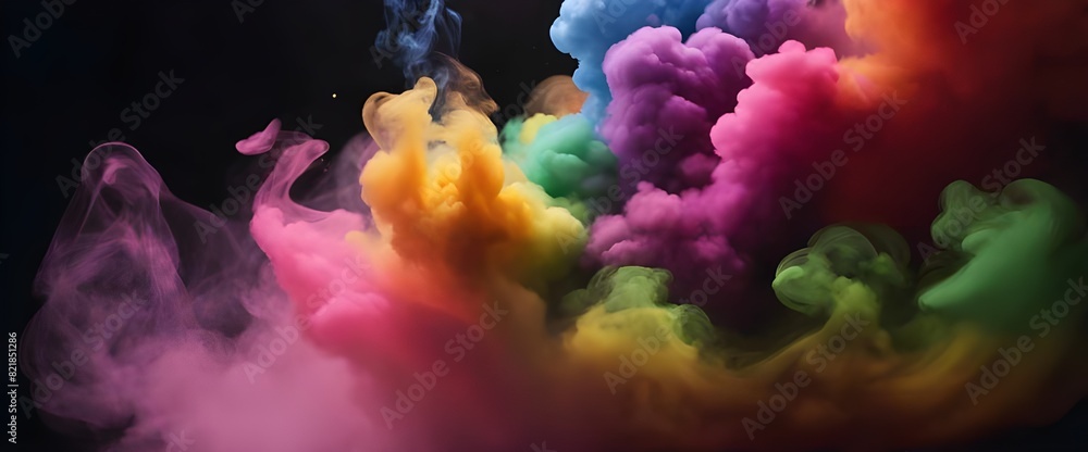 Obraz premium Colored smoke, rainbow smoke, smoke rising into the air, multi-colored smoke, black background, smoke movement illustration