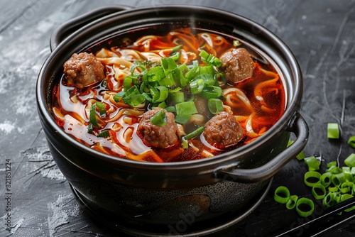a bowl of soup with meatballs and noodles