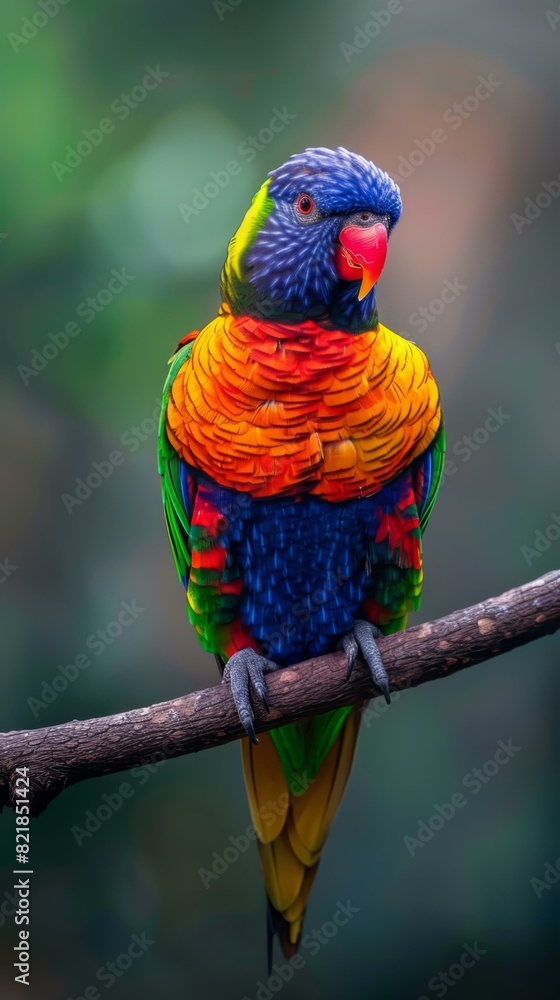 Naklejka premium A brightly colored parrot sits on a branch. AI.