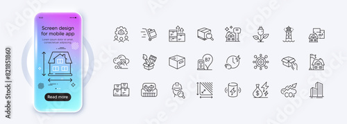 Co2, Co2 gas and Inspect line icons for web app. Phone mockup gradient screen. Pack of Skyscraper buildings, Charging time, House dimension pictogram icons. Vector