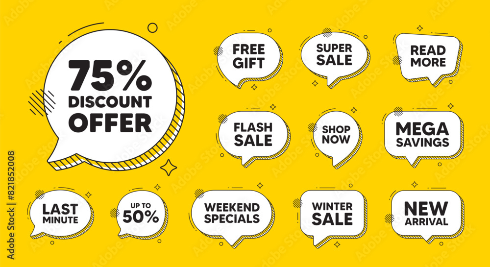 Obraz premium Offer speech bubble icons. 75 percent discount tag. Sale offer price sign. Special offer symbol. Discount chat offer. Speech bubble discount banner. Text box balloon. Vector